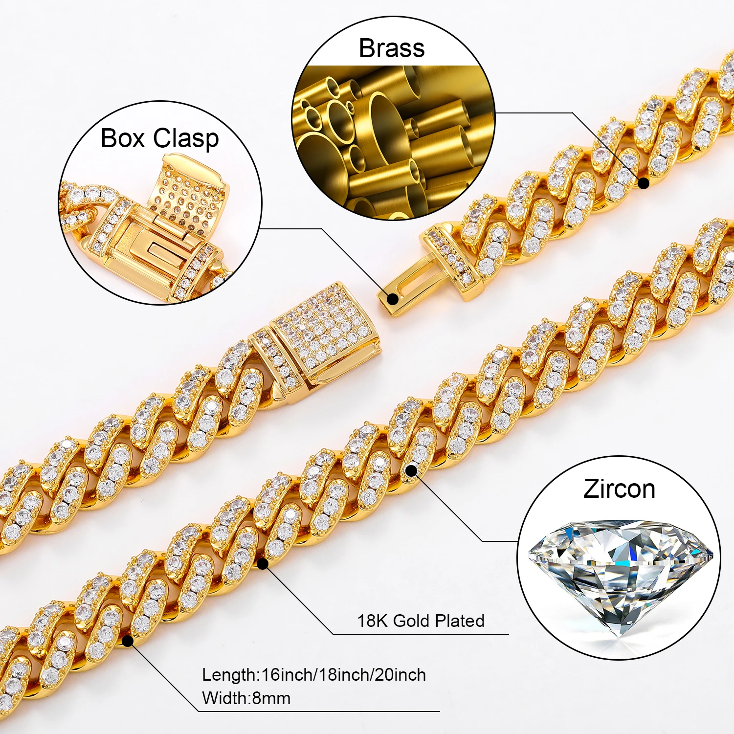 6mm 8mm Width Fashion Miami Cuban Chain Necklace For Women Men\'s Hip Hop Jewelry Copper Cubic Zirconia Bling Charm Chains