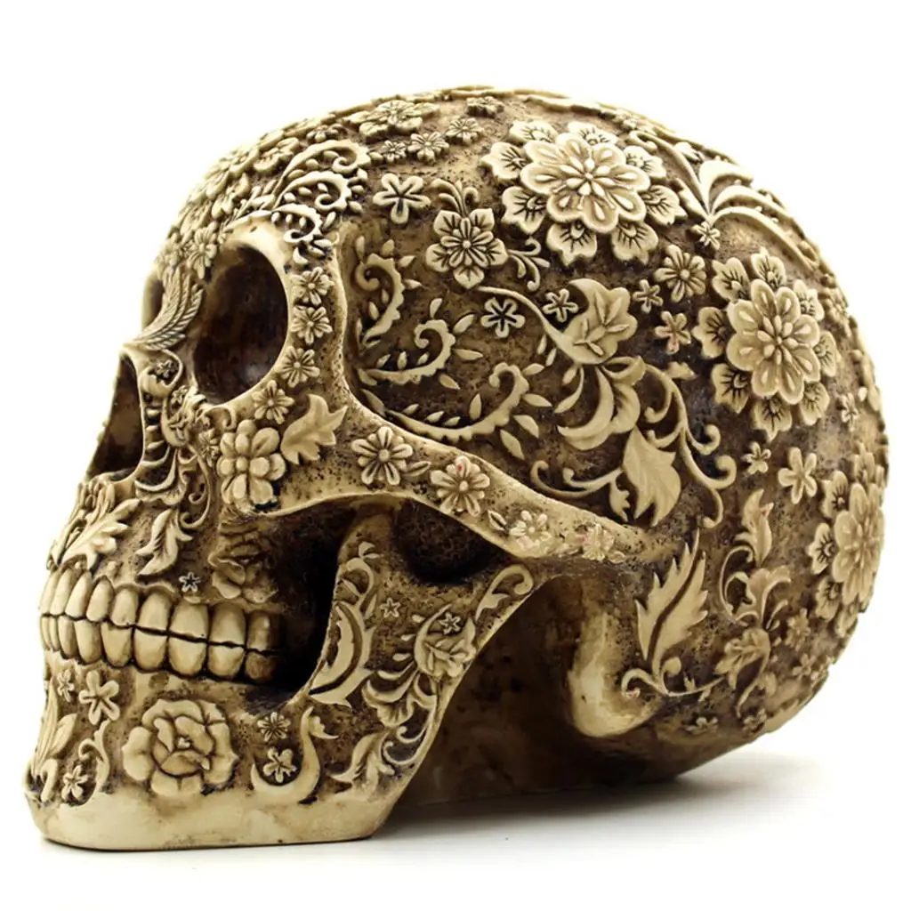 Day   of   the   Dead   Vintage   Resin   Skull   Statue   Carved   Figurine   Halloween   Decor