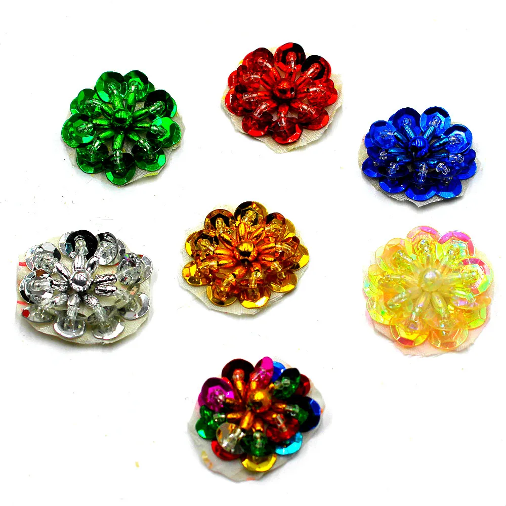 10 Pcs Sequined Flower Appliques Gold Embroidery Trims Little Floral Padded Sew On Petals Beading Sewing Crafts 20-32mm