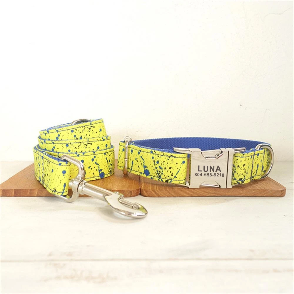 Beirui Hundehalsband & Leine Set Mit Blumenmuster – Personalisierbar, Goldfarbene Schnalle, Größe L (40-65 Cm)