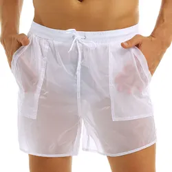 Pantalones cortos transparentes para hombre, bañador Sexy con cordón, cintura elástica, sólido, secado rápido, para playa, bañador, calzoncillos de malla integrados