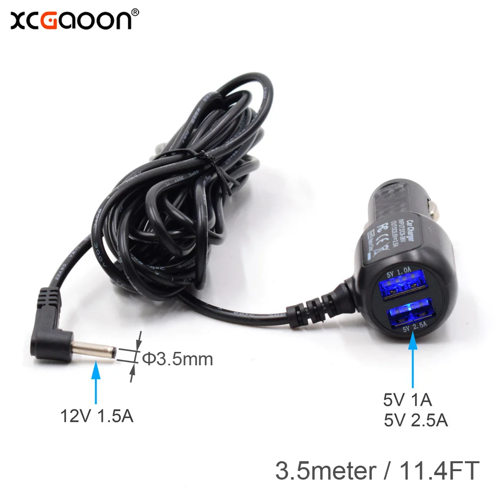 XCGaoon Diameter 3.5mm Port Car Charger input 12V Output 12V 1.5A With 2 USB Port 5V 3.5A, Cable Length 3.5Meter (11.4ft)