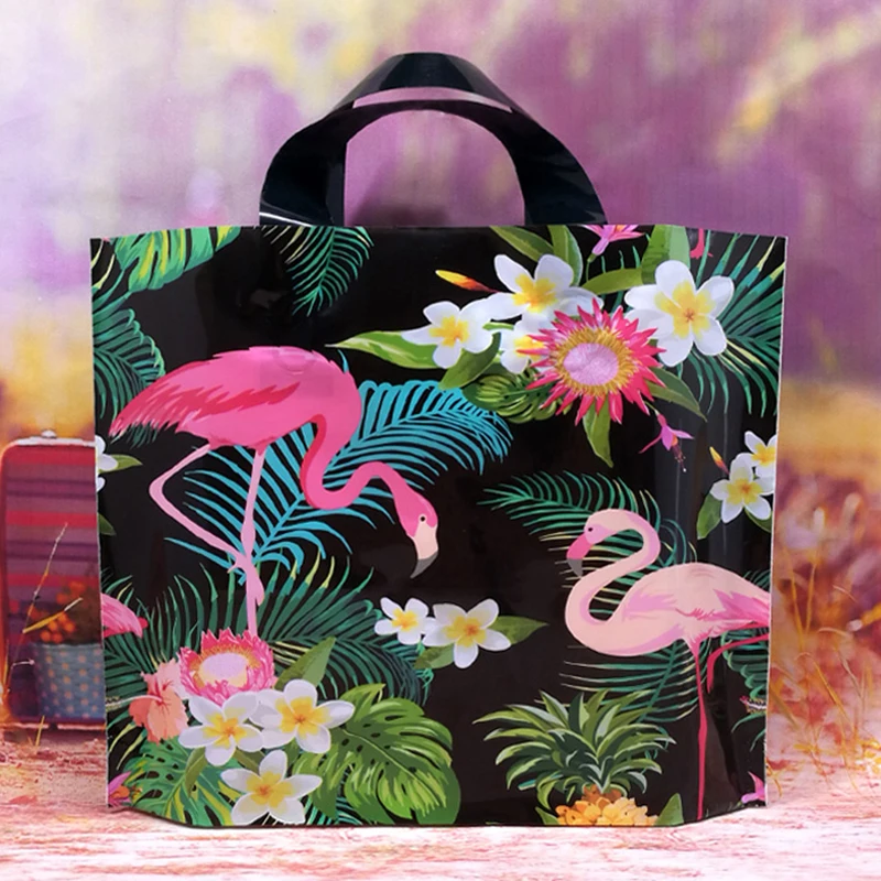 10PCS/Lot Flamingo Thick Plastic Shopping Bags Plastic Gift Bag With Handle Tote Bag Thick Boutique Gift Clothing Packaging