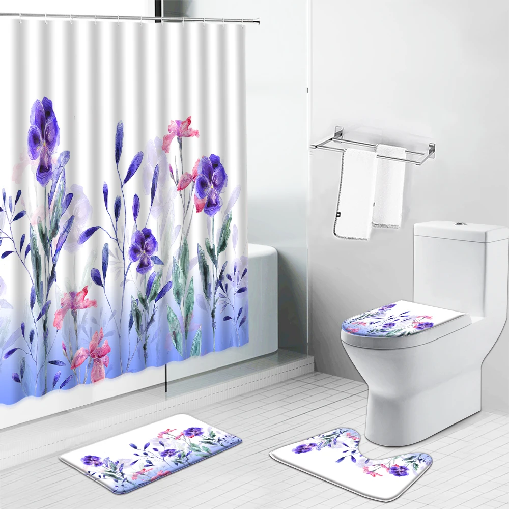 Tende da doccia a fiori viola tappetino da bagno tappeto antiscivolo tappeto floreale ad acquerello vasca da bagno schermo del water Set di decorazioni per il bagno con ganci