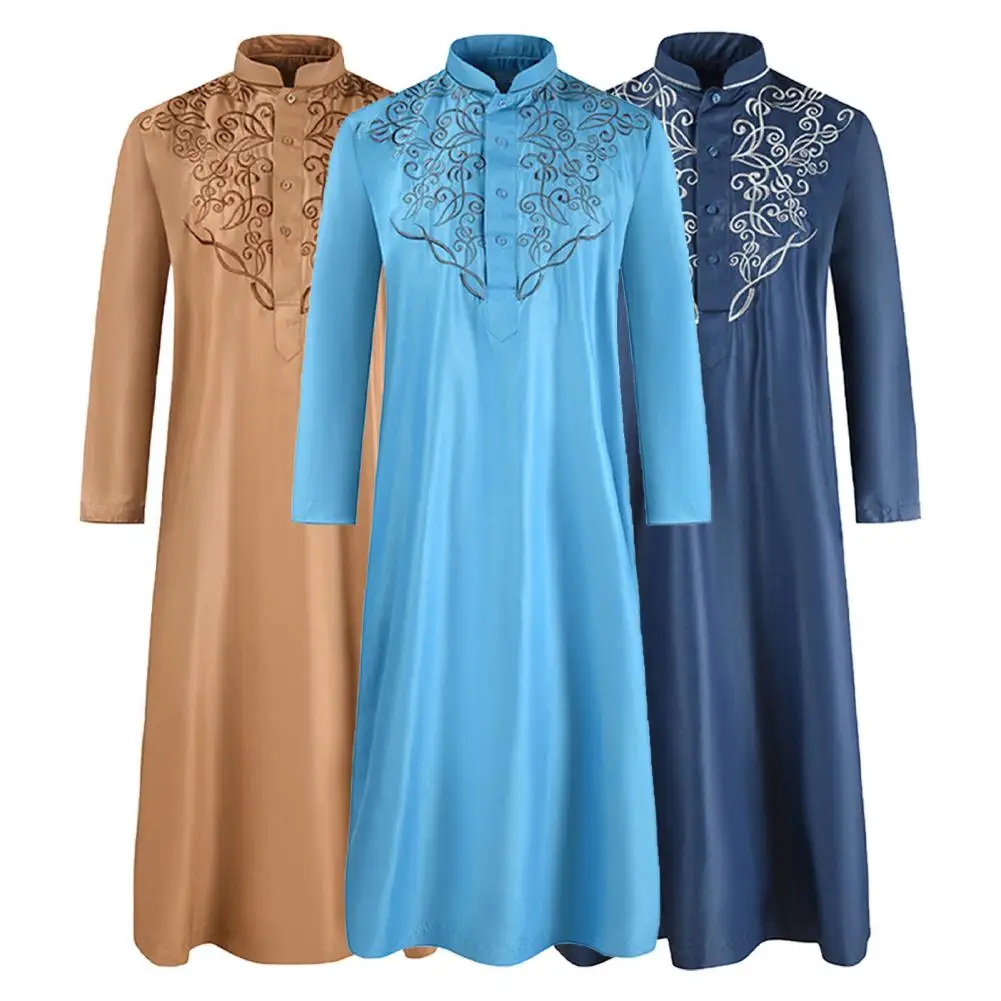 Loose Male Robe Embroidery Stand Collar Long Sleeve Robe Men Accessory for Daily Life