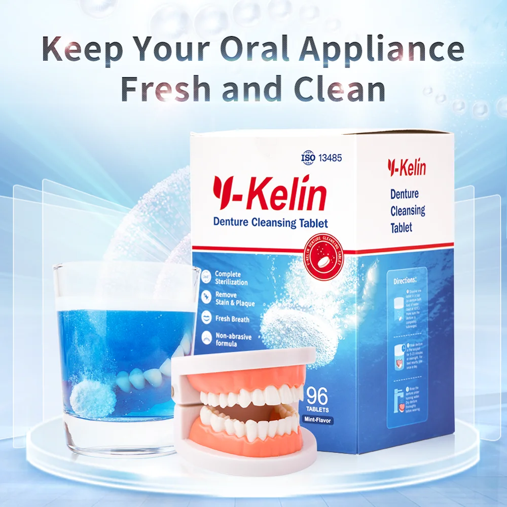 Y-kelin-Tableta limpiadora de dentaduras, limpiador de 96 pestañas, elimina la placa, antibacterias
