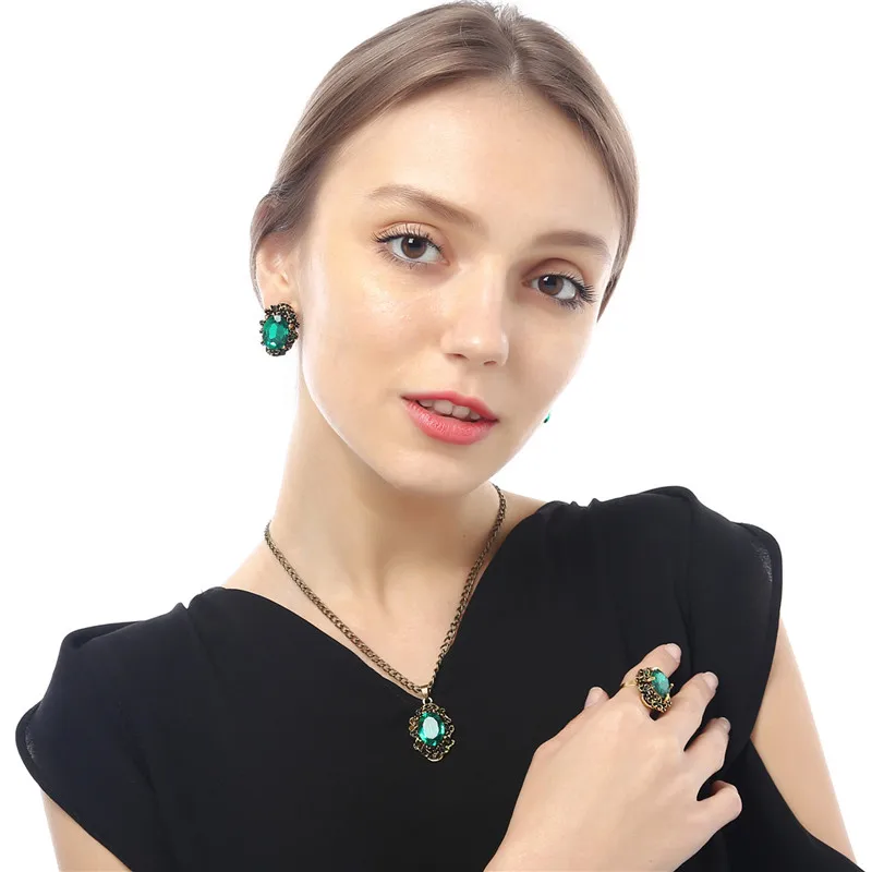 Princess Kate Crystal Blue Jewelry Sets 18k Gold Plated Emerald Green Wedding Necklace Earring Ring Womens Dubai Gold Jewellery