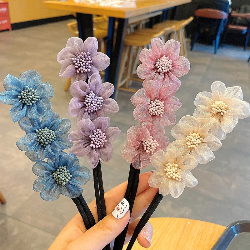 New Women Elegant Bud Chiffon Flowers Bun Maruko Hairstyles Making Long Tools Sweet Headband Hairbands Fashion Hair Accessories