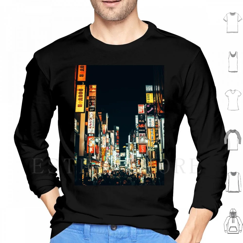 Night In Tokyo-Japanese Night Photography Hoodie Long Sleeve Japan Tokyo Night Travel Modern View Cityscape Scene Distric