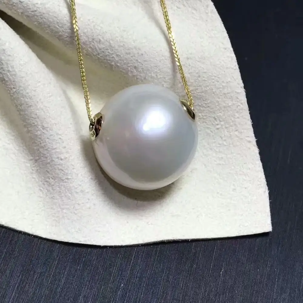 NATURAL 14MM round freshwater WHITE PEARL PENDANT NECKLACE 18inch 925silver GOLD