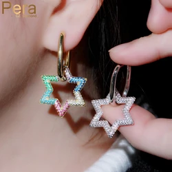 Pera Unique Dangle Big Colorful Hollow Star Shape CZ Zircon 1 Piece Gold Color Hoop Earrings for Women Party Accessories E682
