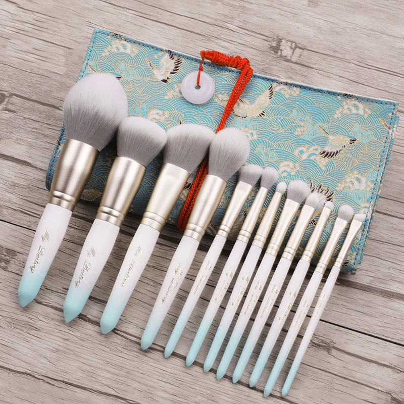 MyDestiny Ice White 12pcs Synthetic Hair Makeup Brush Set Super Soft Fiber Gradual Color Handle Include Face and Eye Brush