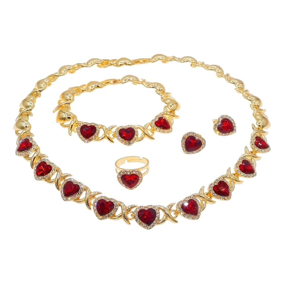 I Love You Mother's Love Rhinestone Heart-shaped Kiss Jewelry Set Wedding Red Gold Plated Jewelry Xoxo Necklace Set