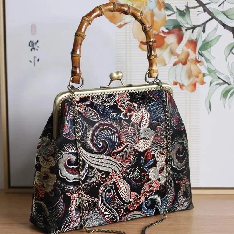 Bamboo lock Shell Bags Vintage Flowers Designer Bag Chain Women Shoulder Crossbody Bag Pure Handmade Women\'s Handbags Purses