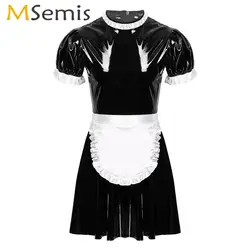 Mens Sissy Erotic Cosplay Costumes Fantasias Slave Maid Roleplay Latex Apron Dress Uniform Wet Look Leather Servant Flared Dress