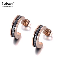 Lokaer Black & White Cubic Zirconia Stud Earrings For Women Girls Titanium Stainless Steel Crystal Ear Jewelry Oorbellen E19002