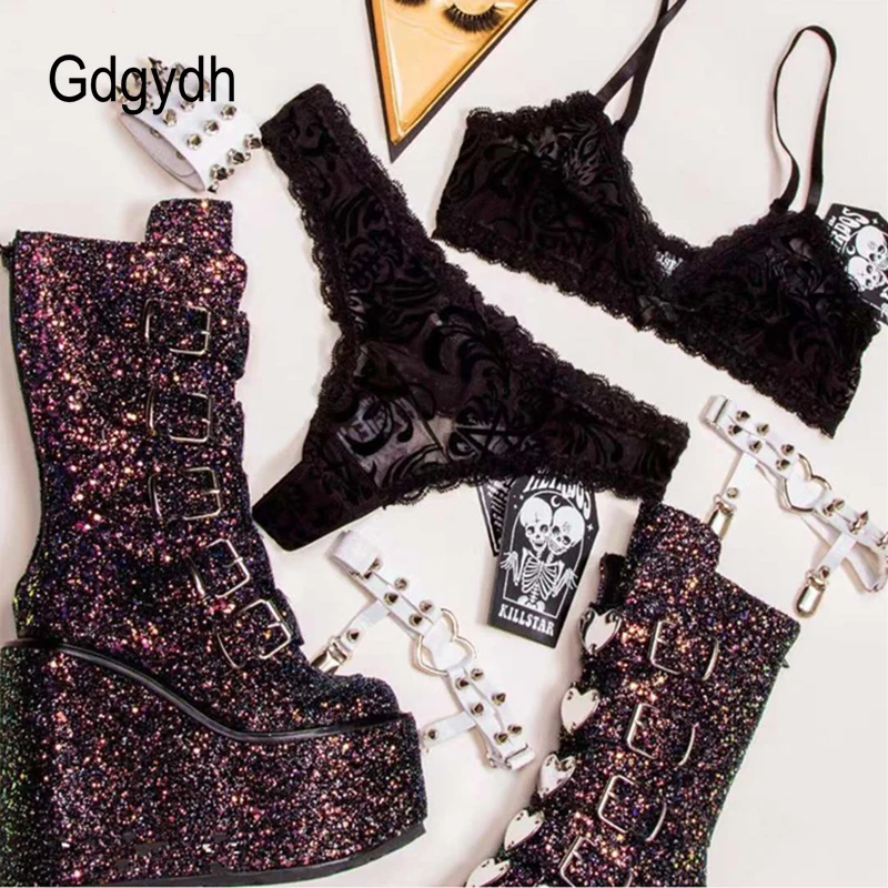 Gdgydh Female Wedges High Heels Boots Heart Shape Lovely Platform Combat Women Boots Sequins Glitter Punk Cool Winter Shoes Lady