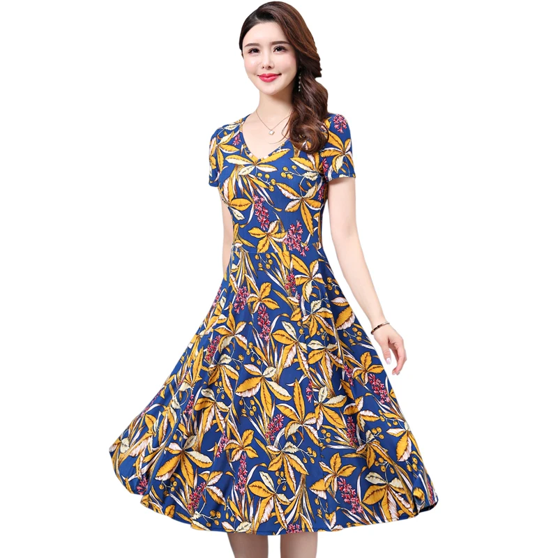 

L-5XL Women Vintage Dress Short Sleeve O-neck Summer Vestidos Women's Elegant Printing Mid-Calf Casual Dresses Female