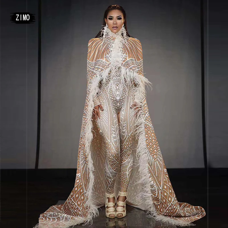 Female man Singer Stage Wear Printing tiger Stretch Jumpsuit Long Cloak Outfit  Dancer Models prom nightclub drag queen costumes