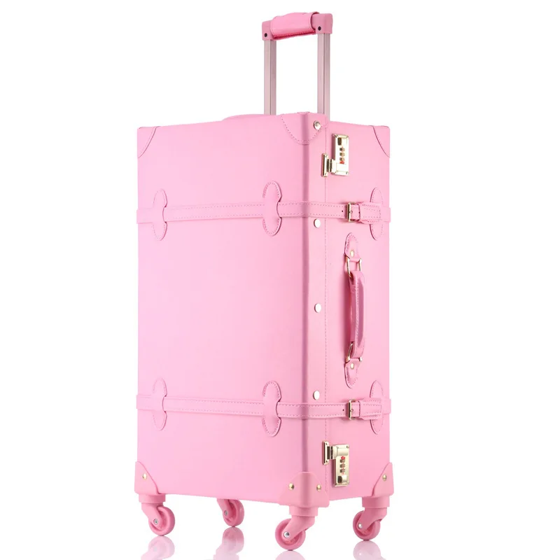 High Quality PU Leather Trolley Luggage Lovely Full Pink Vintage Suitcase set on Wheels for Women Retro cabin Suitcase Girls