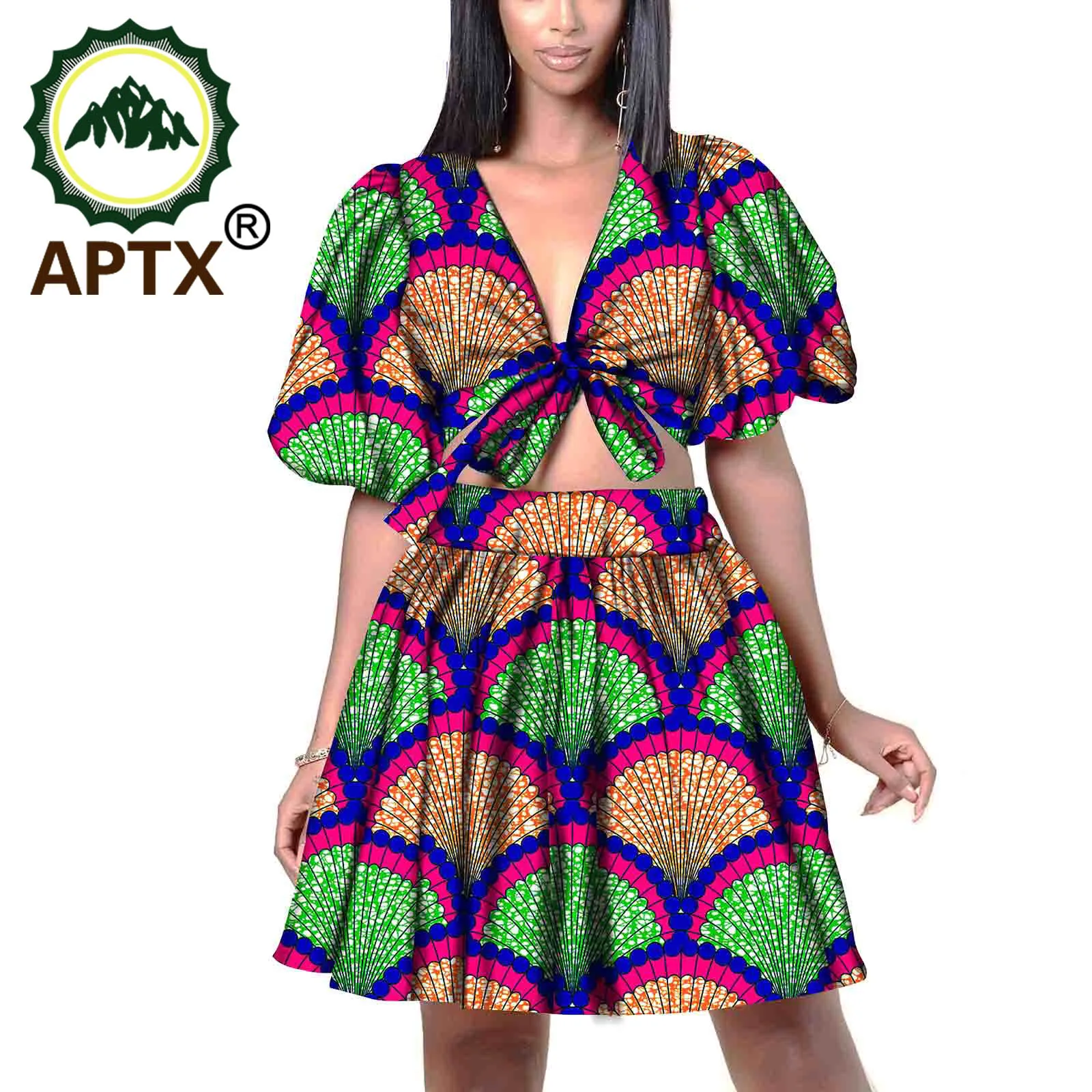 

African Clothing For Women Ankara Style V Collar Short Skirt Female Suit 2 Pcs Sexy Outfit Loungewear Outfi Batik Pure Cotton