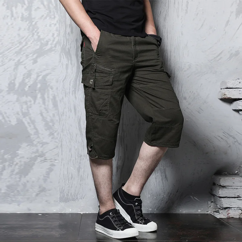 Summer Long Length Cargo Shorts Men Knee Multi Pocket Casual Cotton Elastic Waist Bermudas Male Military Style Hot Breeches