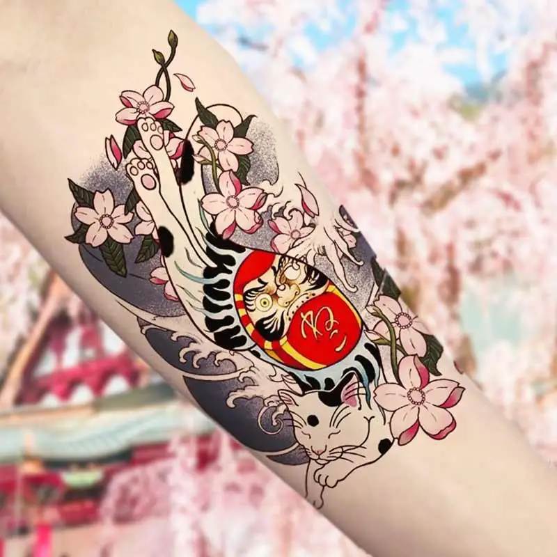 Japanese Cat Temporary Tattoo Stickers Female Lasting Cherry Blossom Art Fake Tattoos Waterproof Antique Geisha Tattoo Stickers