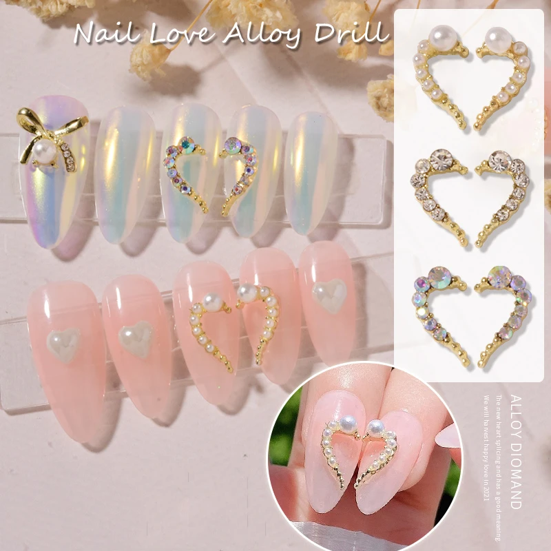 10pcs Crystal AB Nail Rhinestones Charm Pearls 3D Heart Alloy Nail Art Decoration Fashion Splice Love Manicure Jewelry Ornaments