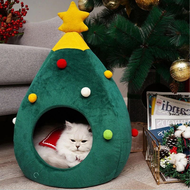 Merry Christmas Dog Cat Bed House Winter Warm Christmas Tree Dog Cat Home Soft Nest Pet Bed Cat Cave Tent Litter Box Pet Mat Pad