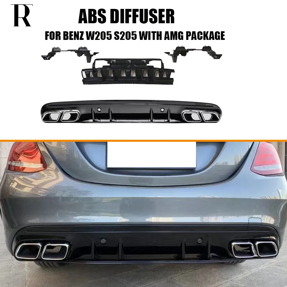 ABS Rear Bumper Diffuser With BigTips for Benz W205 S205 C180 C200 C300 C400 C450 C43 C63 AMG Sports Bumper 15 - 22