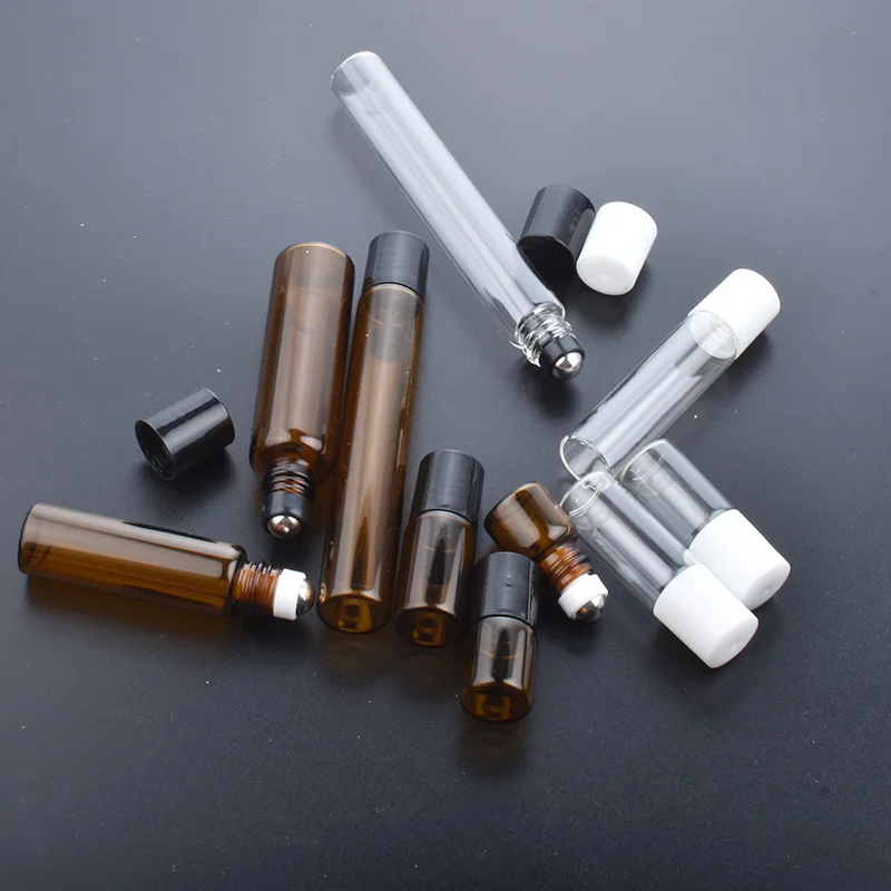 50pcs/Lot  1/2/3/5/10ml Clear / Amber Glass Roll on Bottle with Glass/Metal Ball Perfume Bottle Deodorant Containers