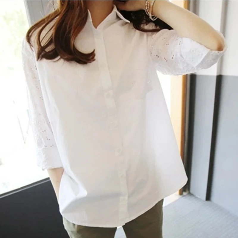 

Women Tunics Plus Size T-Shirts Office White Tops Female Work Hollow Out Solid Color Tshirts Turn Collar Elegant Streetwear New