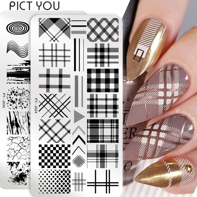 PICT YOU Plaid Check piatti per timbri per unghie Xmas Tiger Zebra modello in marmo piatti per immagini per Nail Art modello per Stencil per stampa unghie