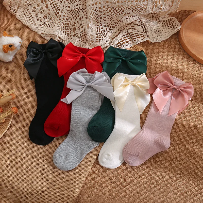 Cute Baby Girls Socks Autumn Toddlers Silk Big Bow Soft Long Christmas Sock Cotton Infant Newborn Knee High Socken For 0-5 Years