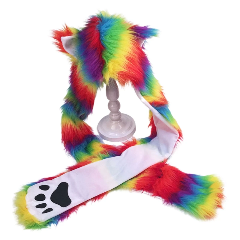 Frauen Regenbogen Streifen Pelzigen Tier Hoodie Flauschigen Plüsch Ohren Pfoten 3 In 1 Multifunktionale Earflap Schal Handschuhe ohrenschützer – Detail 6