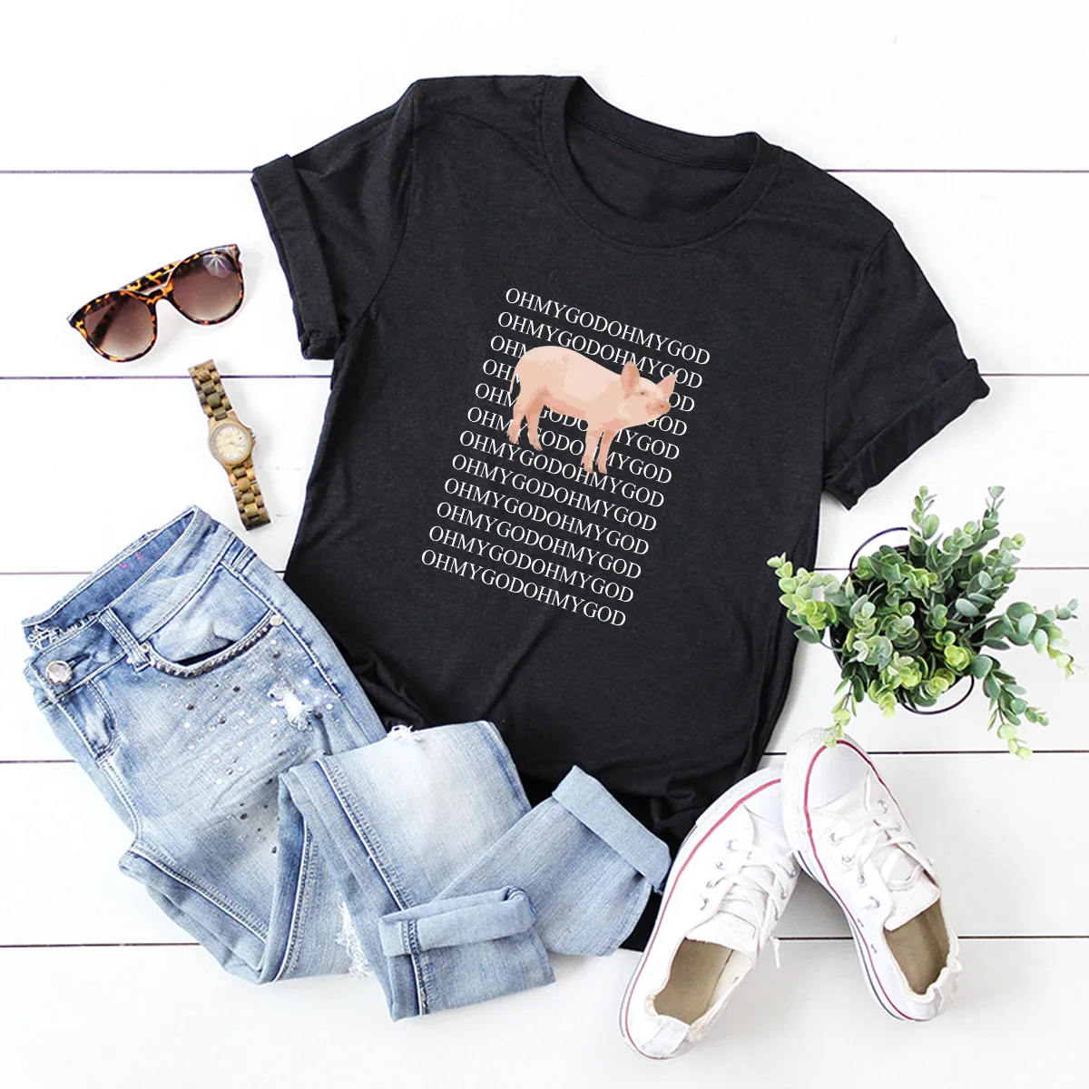 Cute pig wish eBay spoof 2021Oh My God Pig short-sleeved T-shirt 100% cotton female T-shirt top T-shirt graphic T-shirt