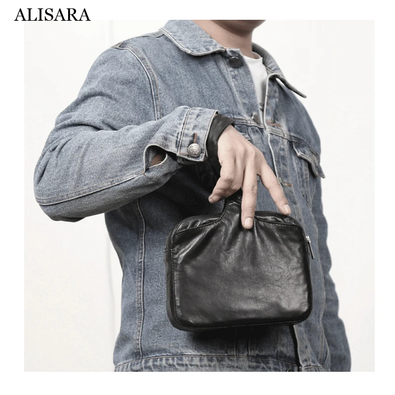 Men Clutch Bag First Layer Sheepskin Leather High Quality Casual Storage Cell Phone Pack Unisex Simple Wrist Small Handbag