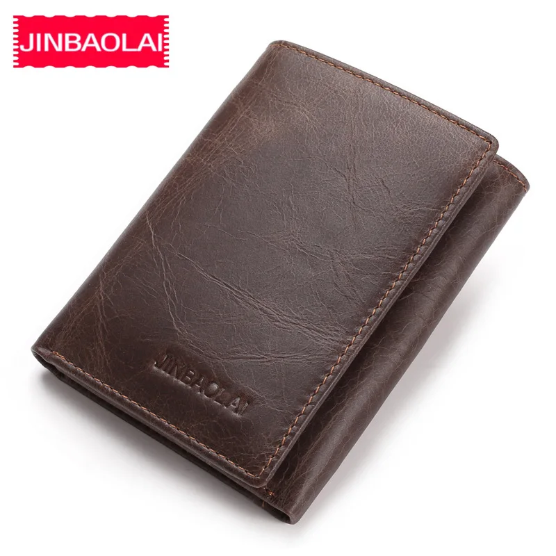 JINBAOLAI oryginalna skóra bydlęca portfele męskie etui na karty przegródka na notatki krótkie portfele Vintage marka wysokiej jakości torebki dla mężczyzn