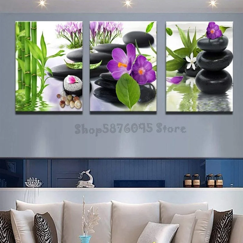 3 Panel Modern Spa Bamboo Zen Stone Purple Flower Photo Diamond Painting Cross Stitch Picture Embroidery Handicraft decor PP5595