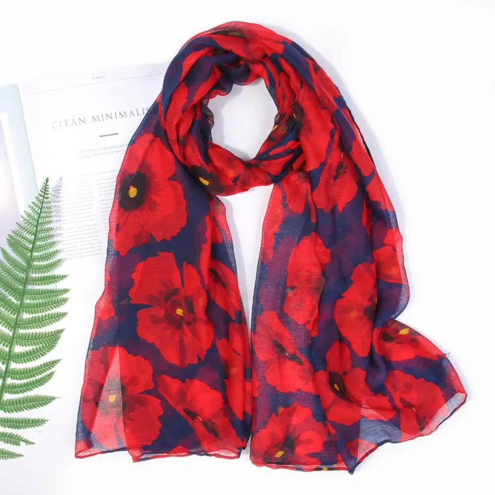 Newest Women Fashion Big Poppy Print Scarves And Shawls Long Soft Flower Print Beach Foulard Wrap Hijab Scarf Headband 4 Color