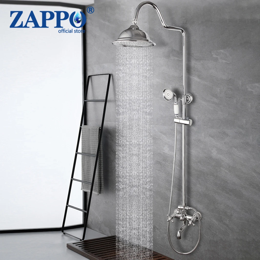 

ZAPPO Chrome Polished Bathroom Shower Faucet Set Rain Shower Head Bath Solid Brass Rainfall Shower Mixer Hand Shower Faucets Tap