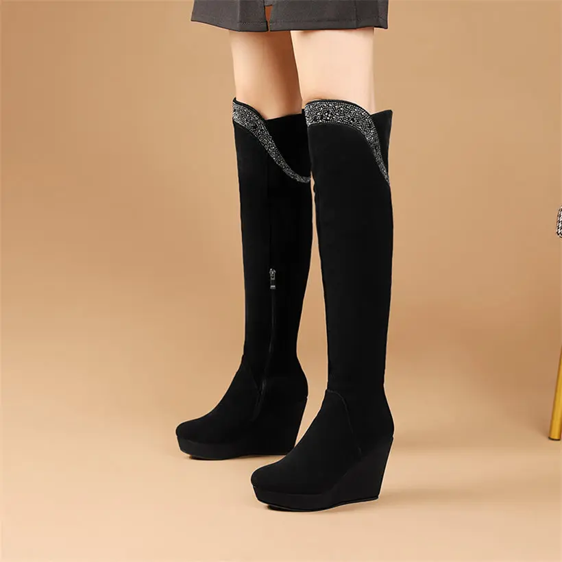 Fashion Winter Women Suede Leather Round Toe Over the Knee High Boots Diamonds Platform Wedge Long Boots 34 35 36 37 38 39