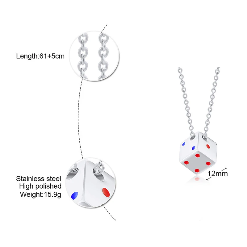 DICE ROLL SILVER COLOR GAMBLERS NECKLACE STAINLESS STEEL FEELING LUCKY SQUARE DICES PENDANT FOR MEN