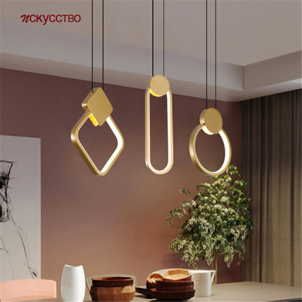 

2020 New Nordic Square Ring Metal Geometry Led Pendant Light For Kitchen Dining Room Modern Bedroom Decoration Gold Hanging Lamp