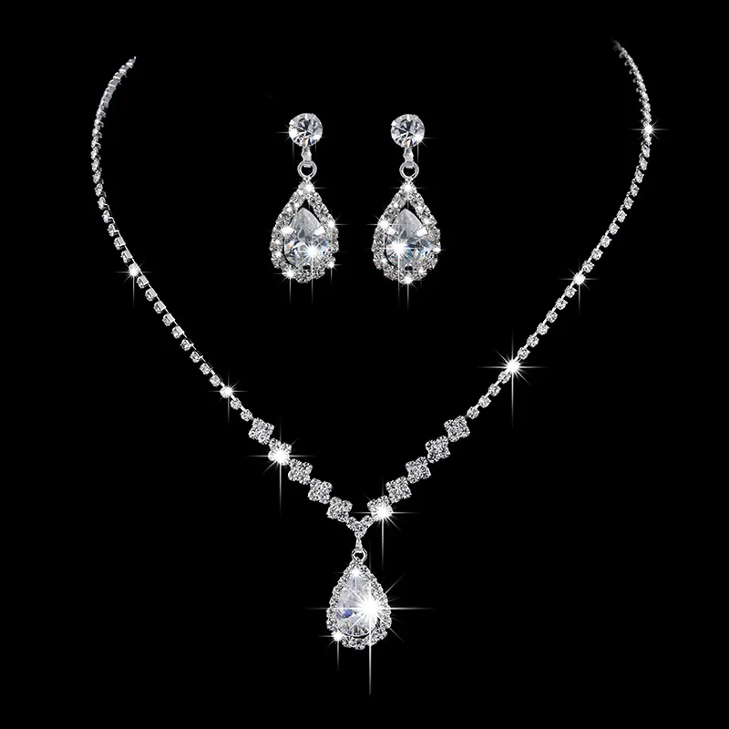 Rhinestone Zircon Waterdrop Necklace Jewelry Set Luxury Wedding Bridal Jewelry Set for Women Necklace Earring Set LL@17