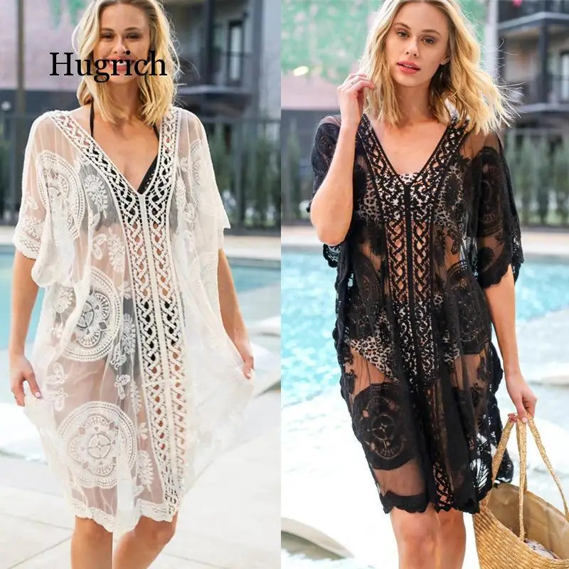 

2021 Lace Embroidered Hollow Out Beach Resort Bikini Smock Loose Size Sunscreen Women Cover Up