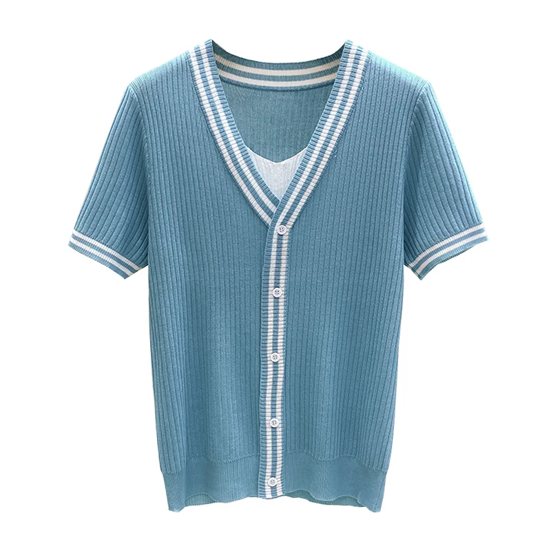 M-4XL Large Size Women Summer V neck Short Sleeve Stripe Knitted Pullover Tee Base Wool Oversized Sweater Women Jumper T-shirt