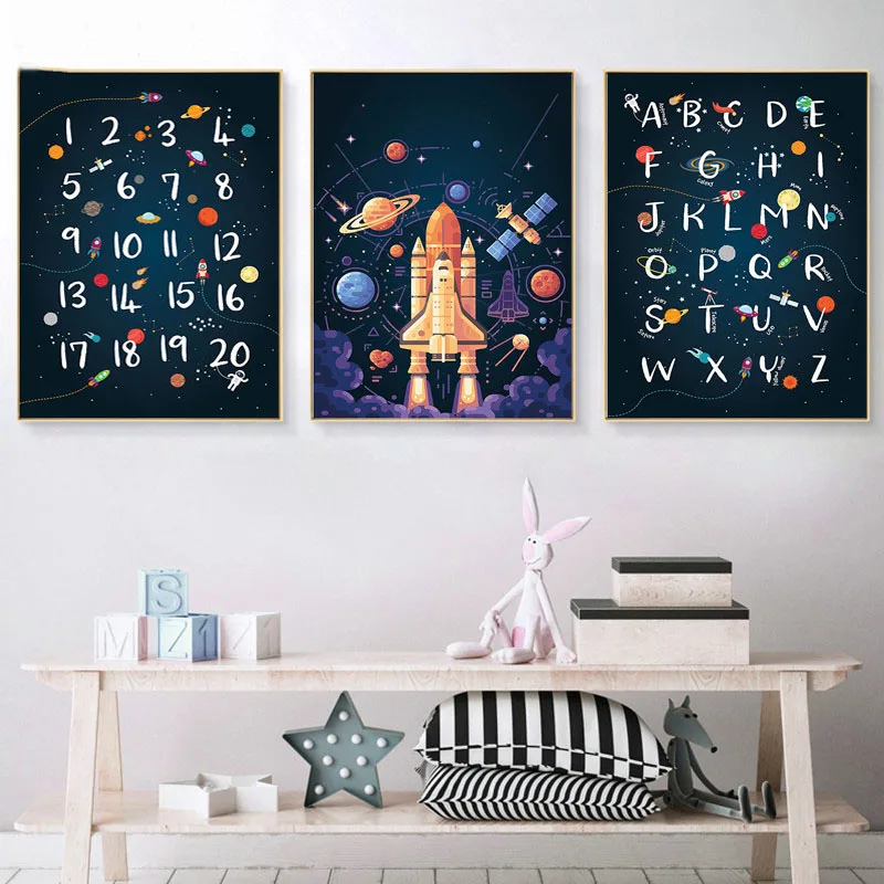 

Space Wall Art Kids Alphabet Print Quotes Posters Canvas Painting Boys Nursery Room Decoration Pictures Wall Decor Unframed