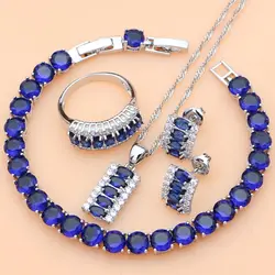 Silver 925 Bridal Jewelry Sets Blue Sapphire White CZ Docoration for Women Party Earrings Pendant Rings Bracelet Necklace Set