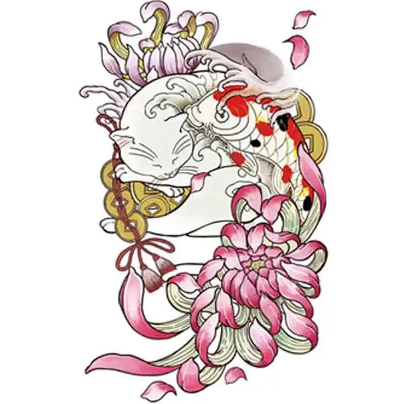 Japanese Cat Temporary Tattoo Stickers Female Lasting Cherry Blossom Art Fake Tattoos Waterproof Antique Geisha Tattoo Stickers